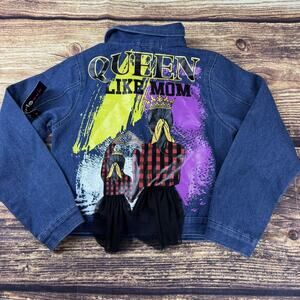 Girls Denim Jacket Sz 14/15 Blue Long Sleeves Queen Like Mom Back Graphic